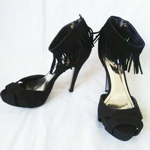 Anne Michelle black fringe ankle strap